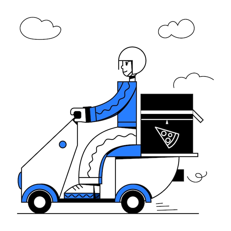 Vector courier woman riding scooter and delivered pizza