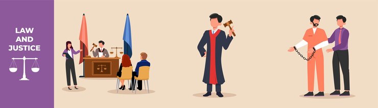 Vector court of law trial judges man and defendant in handcuffs law set concept flat vector illustrations isolated