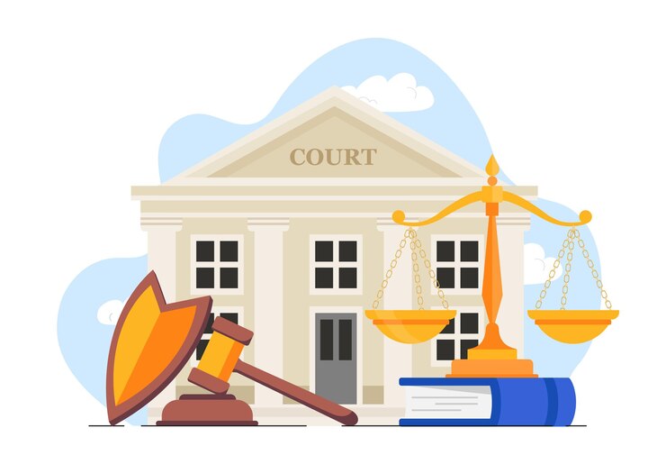 Vector courthouse building concept judges gavel golden scale near court justice and judgement jurisprudence