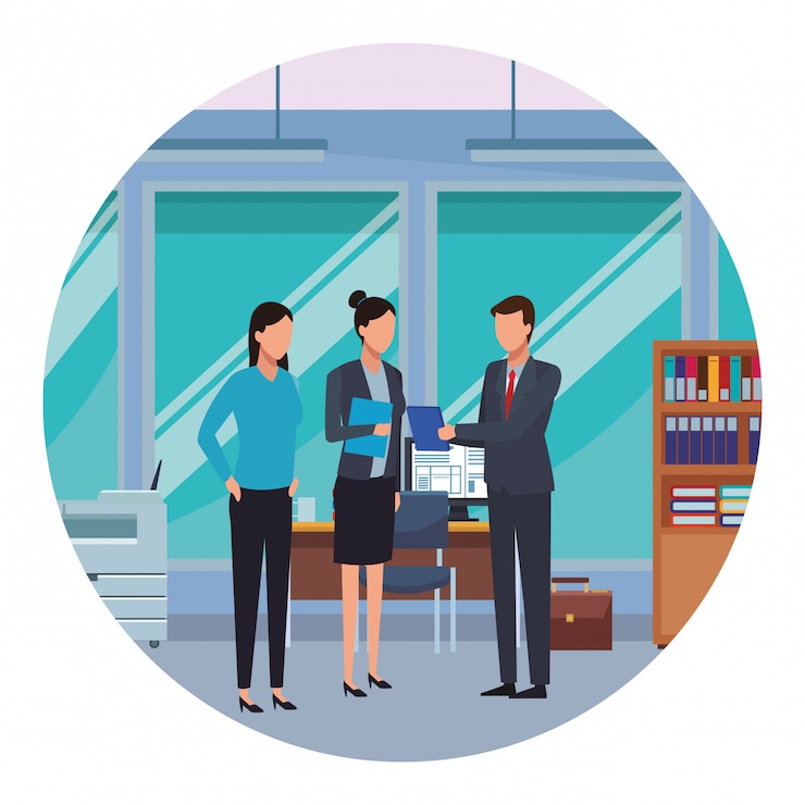 Vector coworkers in office desk computer furniture