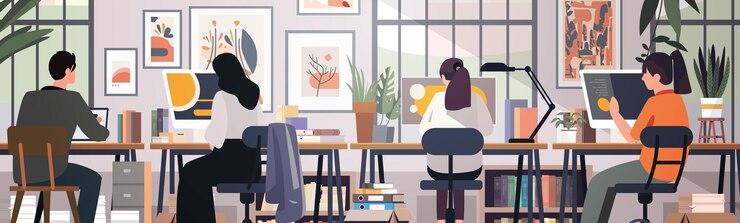 Vector coworking space modern office people working collaborative environment desks computers plants bookshelves wall art windows