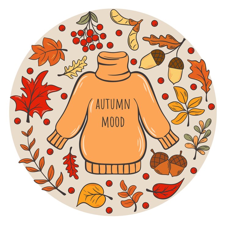 Vector cozy autumn card design with warm knitted sweater and falling leaves autumn mood template round