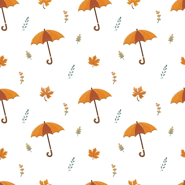 Cozy autumn pattern featuring umbrellas and colorful leaves in a seasonal design