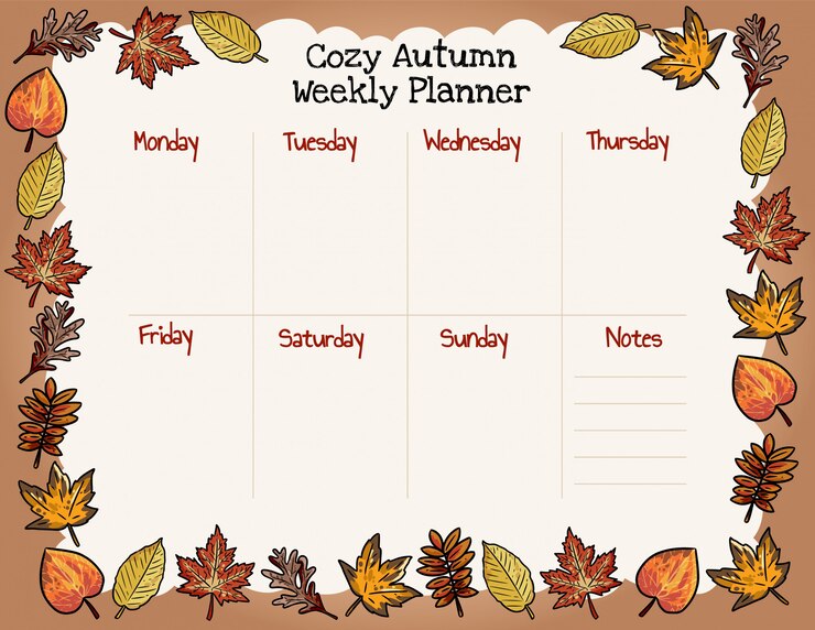 Vector cozy autumn weekly planner and to do list with fall leaves ornament.