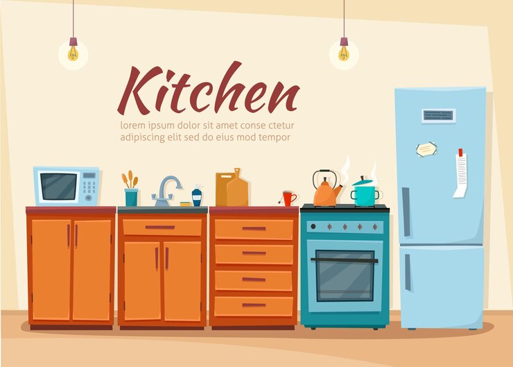 Vector cozy kitchen interior with furniture and stove cupboard dishes fridge and utensils flat cartoon