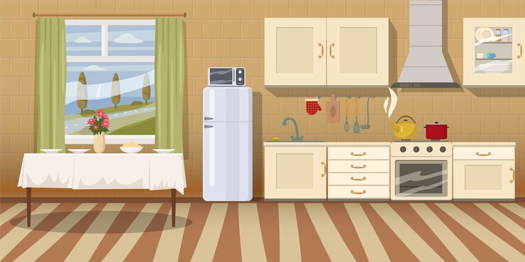 Vector cozy kitchen interior with table, stove, cupboard, dishes and fridge