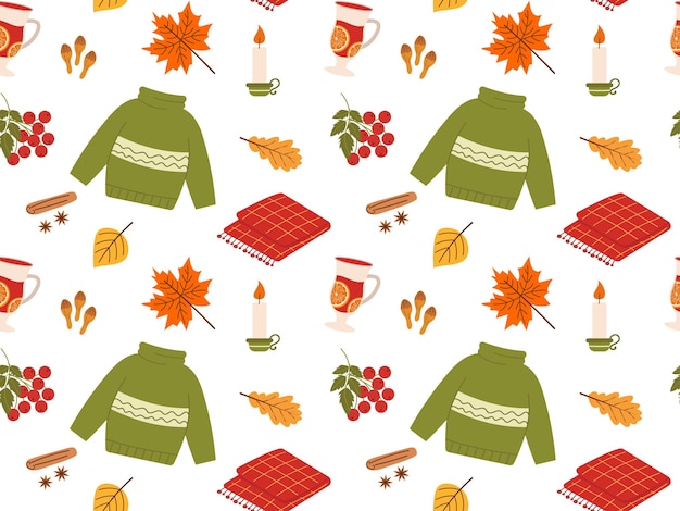Cozy seamless pattern with knitted sweater warm comfortable background with blanket and leaves