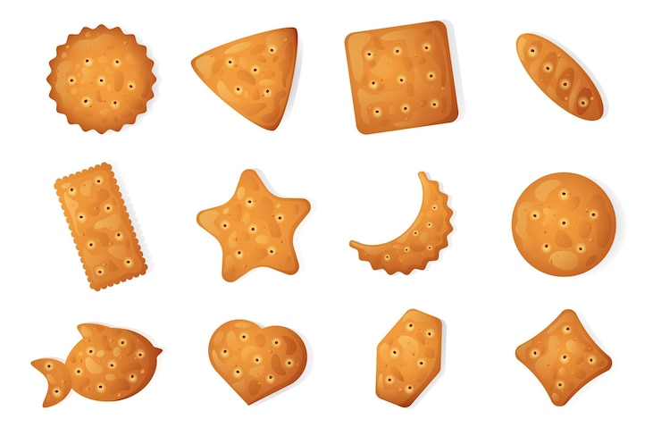 Vector cracker chips set cartoon sweet crispy snack crackers traditional bakery sweet biscuit flat style snack food vector isolated collection