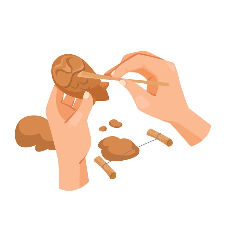 Vector crafting hobby with hands and clay tools in action vector illustration