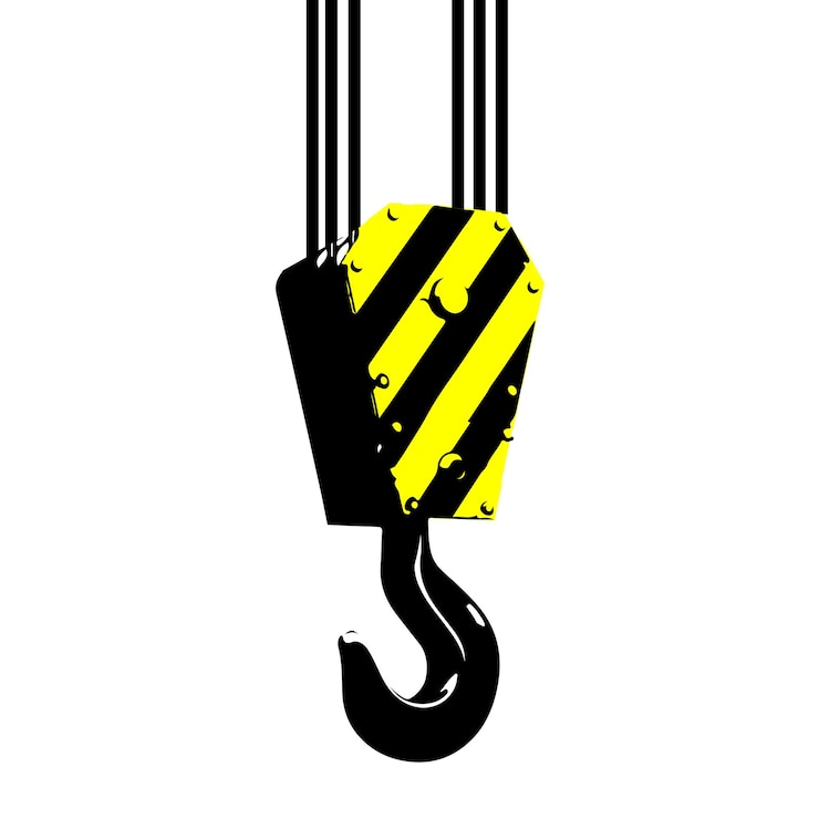 Crane hook with slings and black yellow stripes