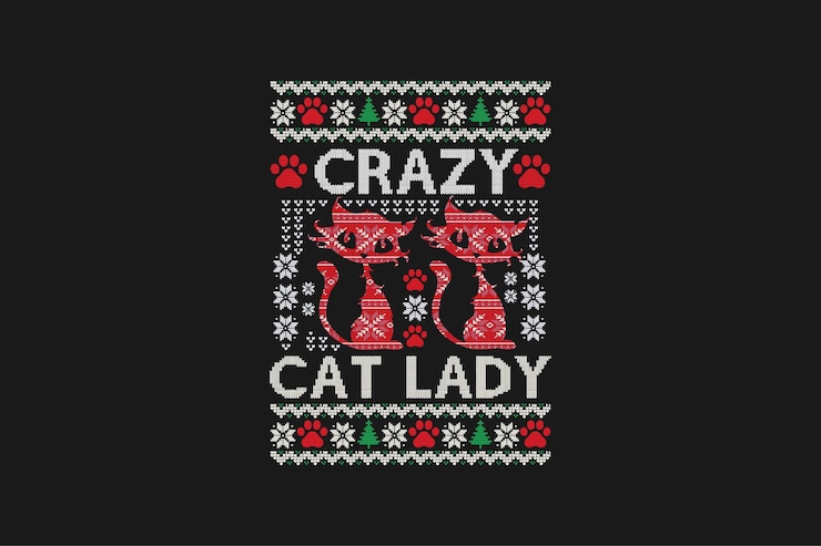 Vector crazy cat lady ugly christmas sweater pattern sublimation