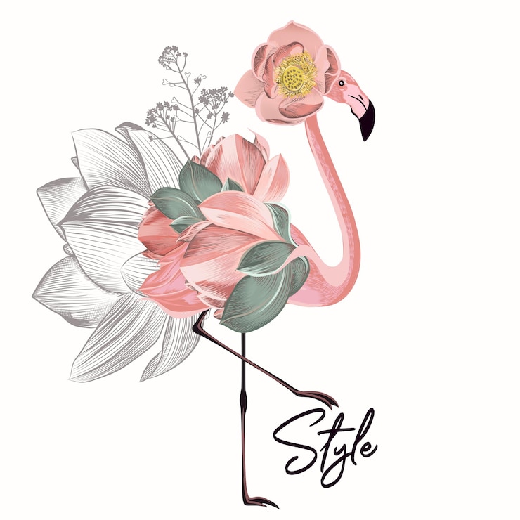 Vector creative fashion illustration with flamingo and pink flowers
