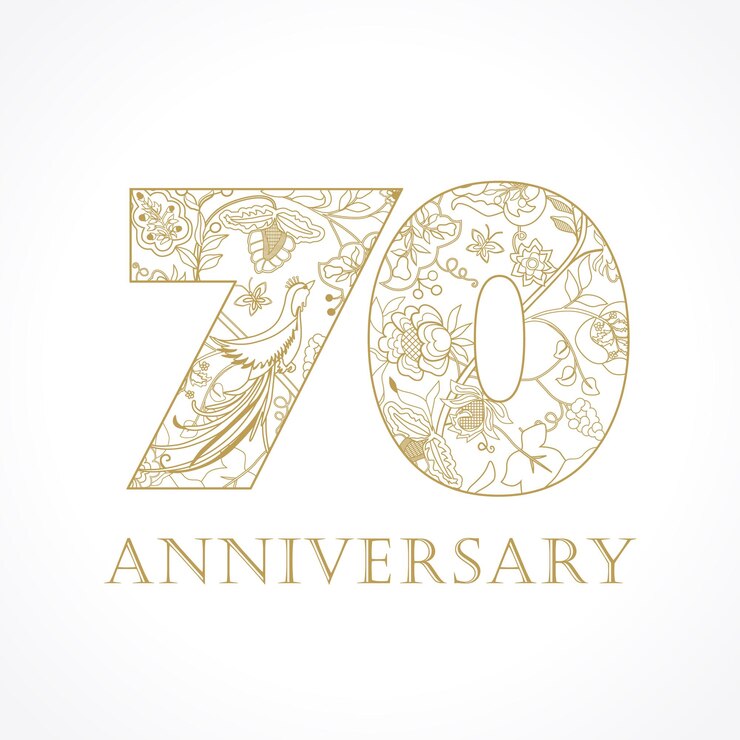 Vector creative logo concept of 70th anniversary with ethnic patterns and birds of paradise. isolated icon.