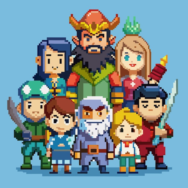 Creative Pixel Characters and Elements in Vector Art Style