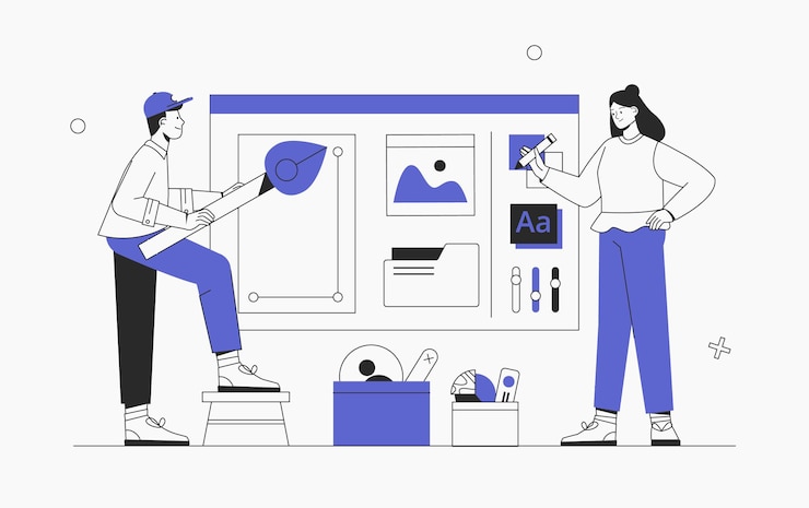 Vector creative teamwork male and female character designing new products or improving existing ones. business brainstorming, ui ux design concept of creating an application. flat style vector illustration.