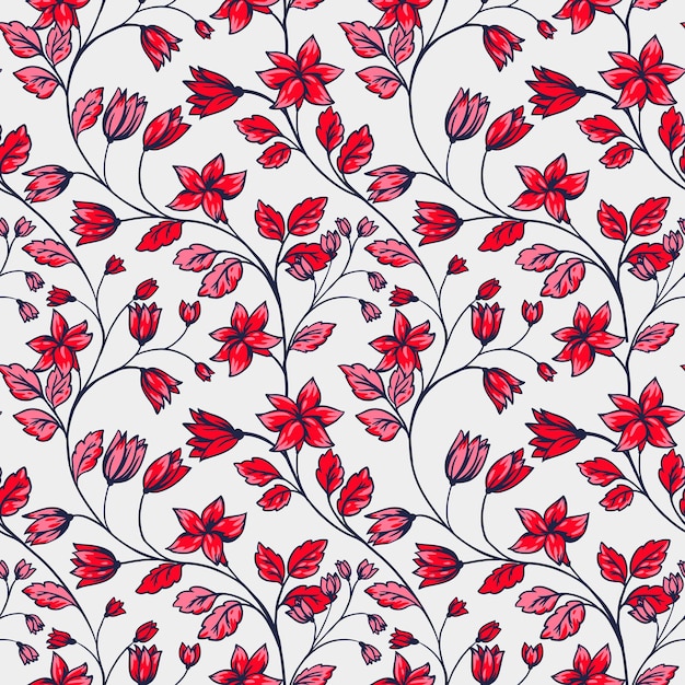 Creative wild plants intertwined in pattern Abstract artistic branches with tiny ditsy red flowers