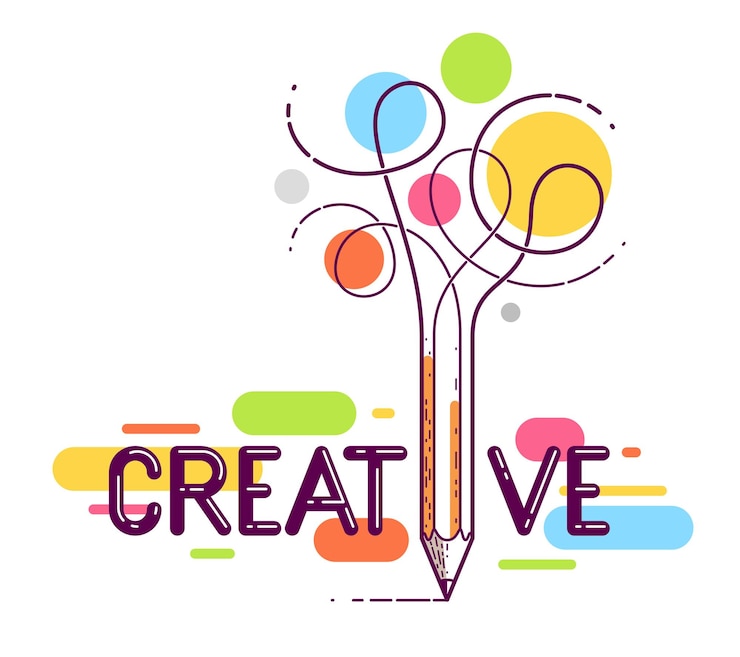 Vector creative word with pencil instead of letter i, ideas and creativity concept, vector conceptual logo or poster made with special font.