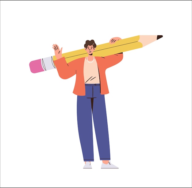 Creative young man character holding pencil enjoy writer or designer profession on freelance