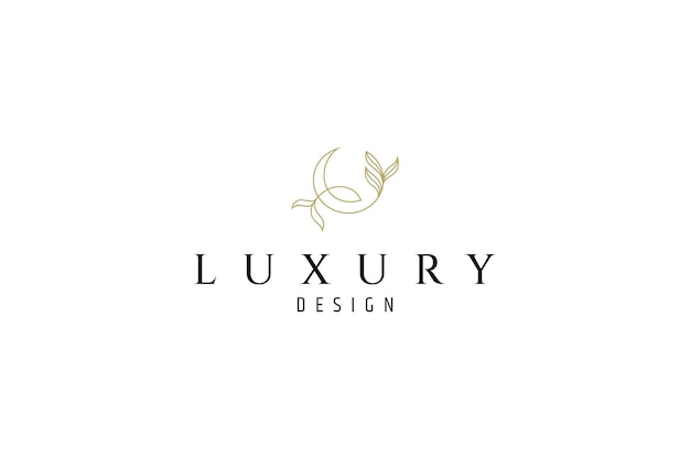 crescent moon logo with natural plant combination in gold luxury line art design style