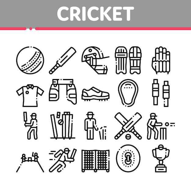 Cricket Game Collection Elements Icons Set