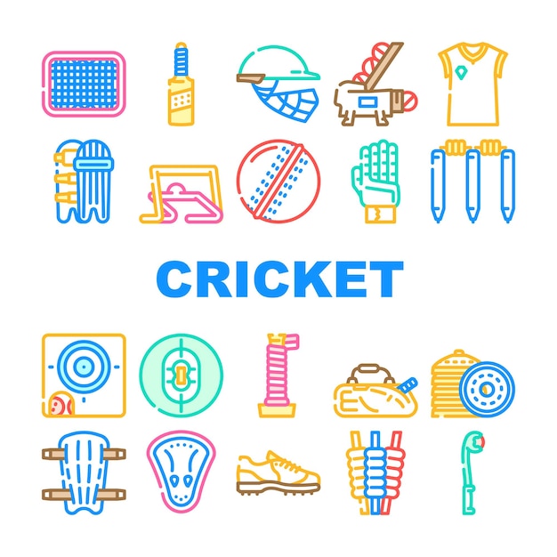 Cricket Sport Game Accessory Icons Set Vector Cricket Ball And Bat Grid And Sidearm Equipment Player Protective Helmet And Leg Protect Bandage Sweater And Boot Color Illustrations