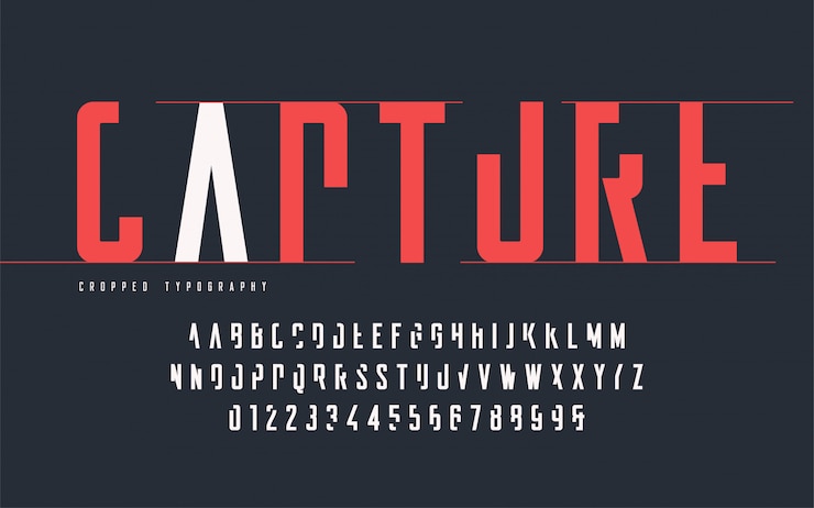 Vector cropped typography, set of uppercase letters and numbers, alphabet. 