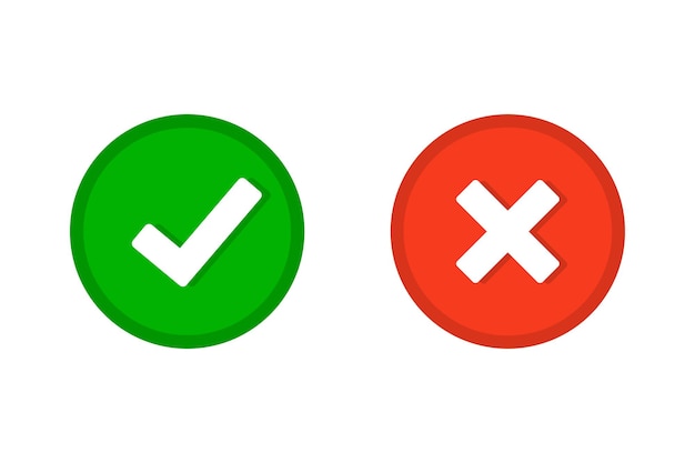 Cross and check mark icons flat round buttons Symbols yes and no button for vote decision Right and wrong Button Symbols of acceptance rejection and attention Vector illustration