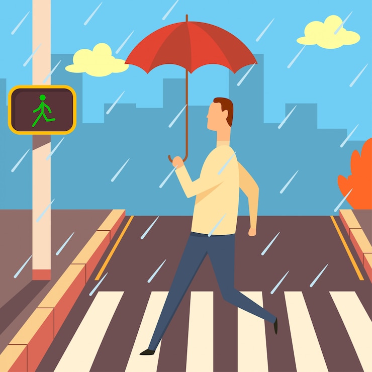 Vector crosswalk with zebra and traffic light   cartoon illustration. man with umbrella in the rain walking across road.