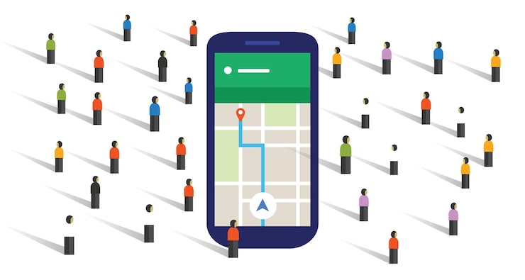 Vector crowd navigation map screen big smartphone mobile public together direction