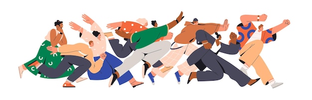 crowd of happy people running fast. group of excited men and women buyers hurrying and hunting for sales. mad fans following and chasing for smb. flat graphic vector illustration isolated on white