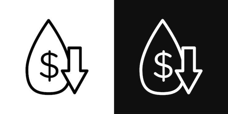Vector crude oil barrel price falling down icon set low oil fuel cost vector symbol petrol price down arrow sign