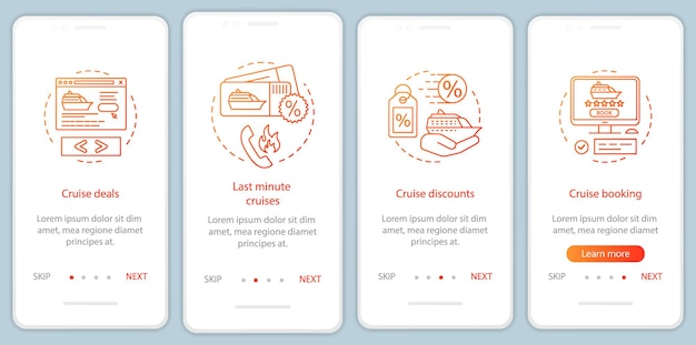 Cruise onboarding mobile app page screen with linear concepts. Deals, last minute cruises, discounts, booking walkthrough steps graphic instructions. UX, UI, GUI vector template with illustrations