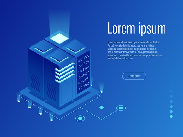 Cryptocurrency and Blockchain concept. Farm for mining bitcoins. Mainframe, powered server, high technology concept, data center, cloud data storage. Isometric vector illustration