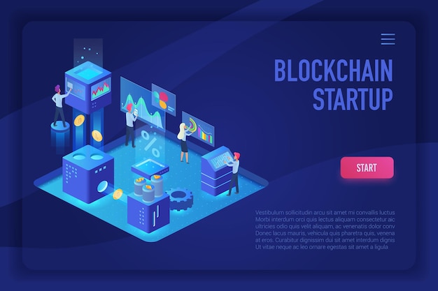cryptocurrency blockchain startup isometric ultraviolet light landing page template