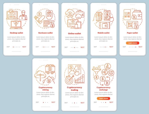 cryptocurrency mining onboarding mobile app page screen with linear concepts. electronic bitcoin currency wallet walkthrough red steps graphic instructions. ux, ui, gui template with illustrations