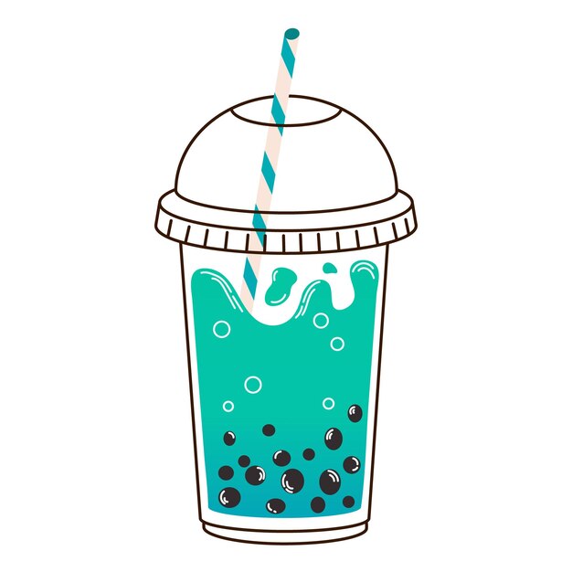 Cup of green bubble milk tea with lid stick and tapioca in flat style isolated on white background