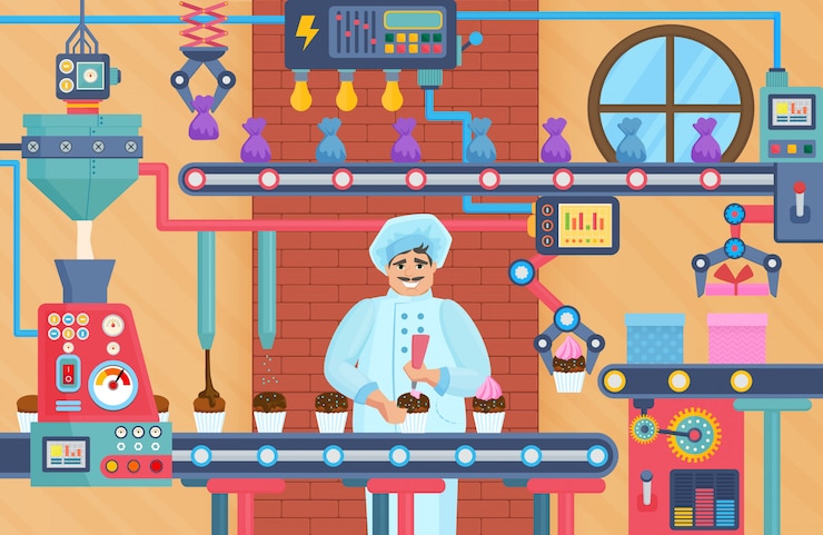 Vector cupcake sweets factory with confectioner