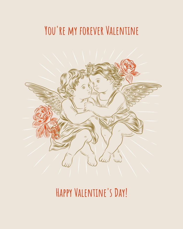 Vector cupid hari valentine vintage atau kartu malaikat kecil gaya retro ukiran