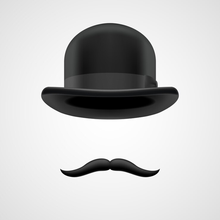 Vector curly retro moustaches and bowler hat elements. wealthy victorian aristocrat on grey bacground