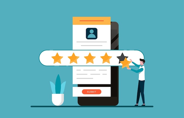 customer experience and satisfaction concept. a man giving five stars for feedback illustration.