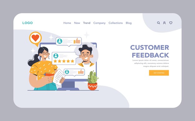 Customer feedback web banner or landing page consumer reviews public exchange sharing assessment of