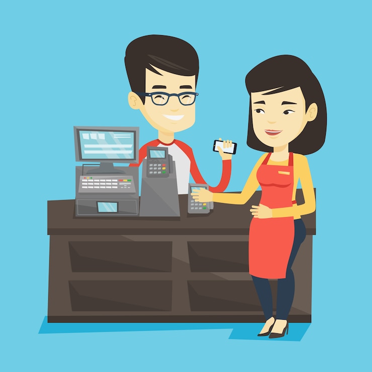 Vector customer paying wireless with smartphone.