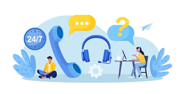 customer service agent with headsets talking with client technical global support assistance call center contact us hotline satisfaction and loyalty customers care
