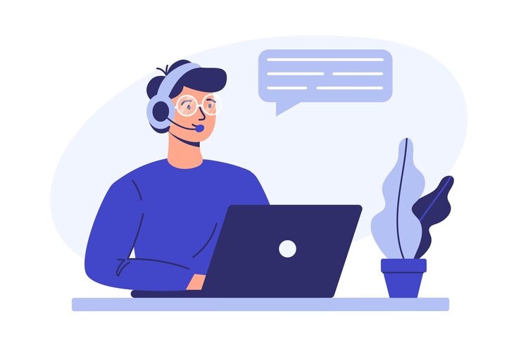 Customer support services A man with headphones and a microphone sits at a laptop