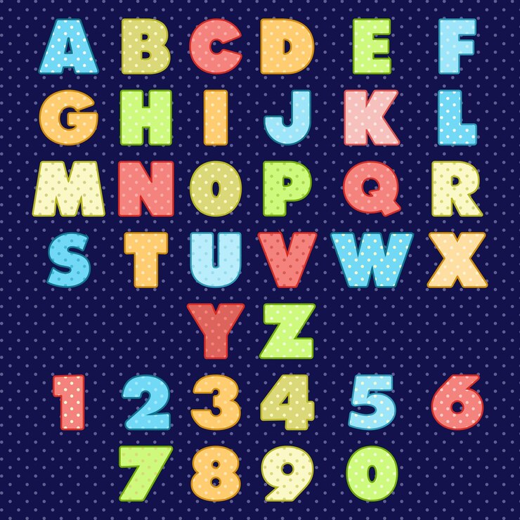 Vector cut vector alphabet sticker set in bright colors on polka dots background vector illustration