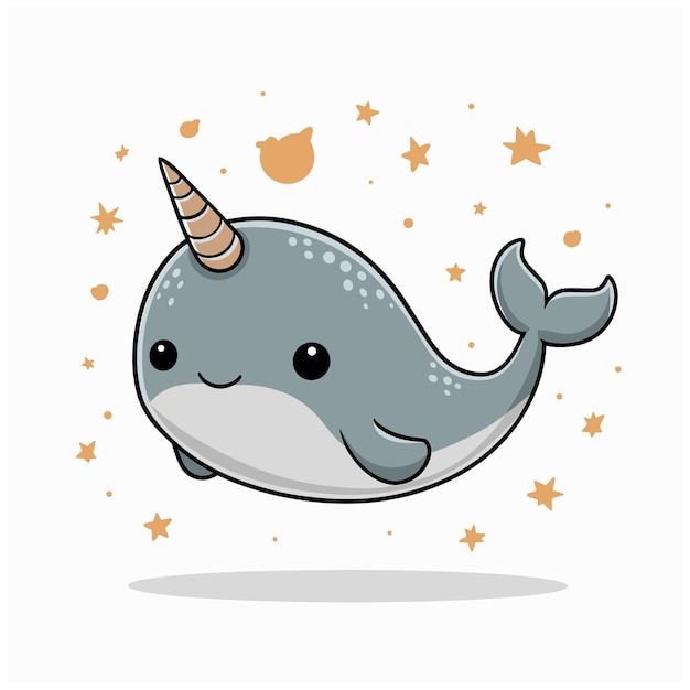 Cute and adorable cartoon narwhal vector white background
