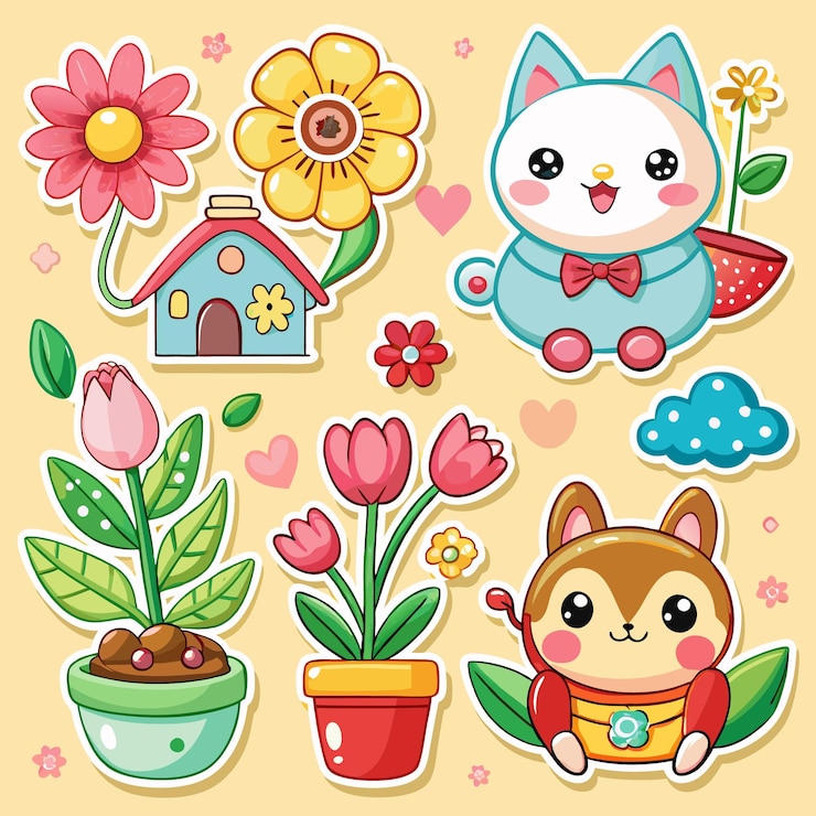Vector cute animal stickers with flowers house for garden lovers