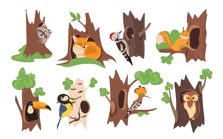 Vector cute animals and birds cartoon characters living in hollows set isolated on white background