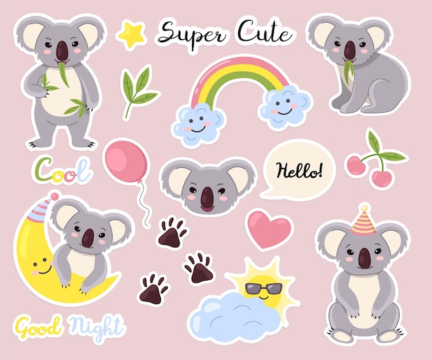 Cute animals stickers Fauna labels cute fluffy little bears koalas characters kids weather elements rainbow and sun behind cloud mini bears faces Adorable mascot collection vector isolated set
