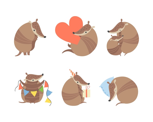 cute armadillo character with armor shell engaged in different activity vector set